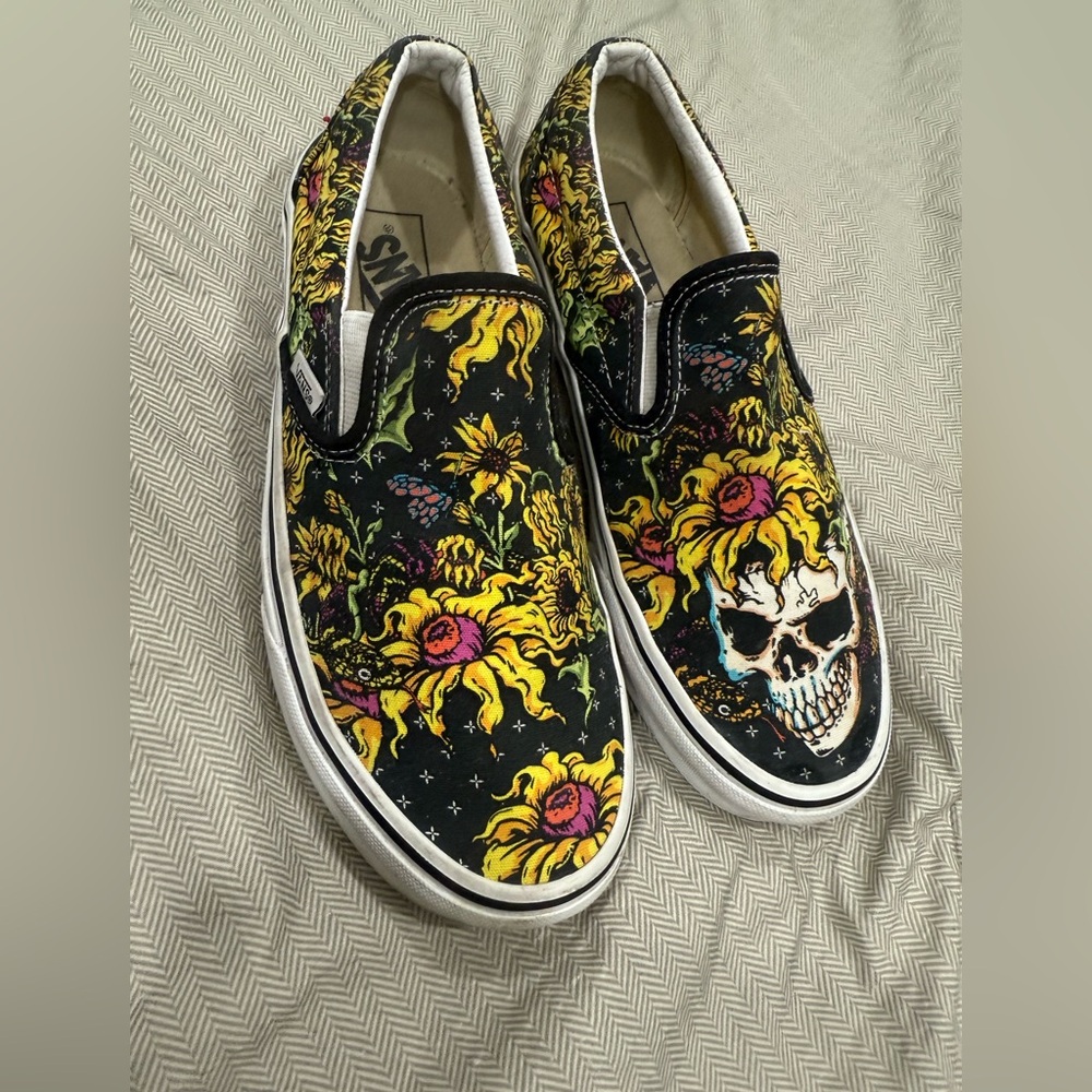 Vans Black Slip-On with Skull and Floral Pattern